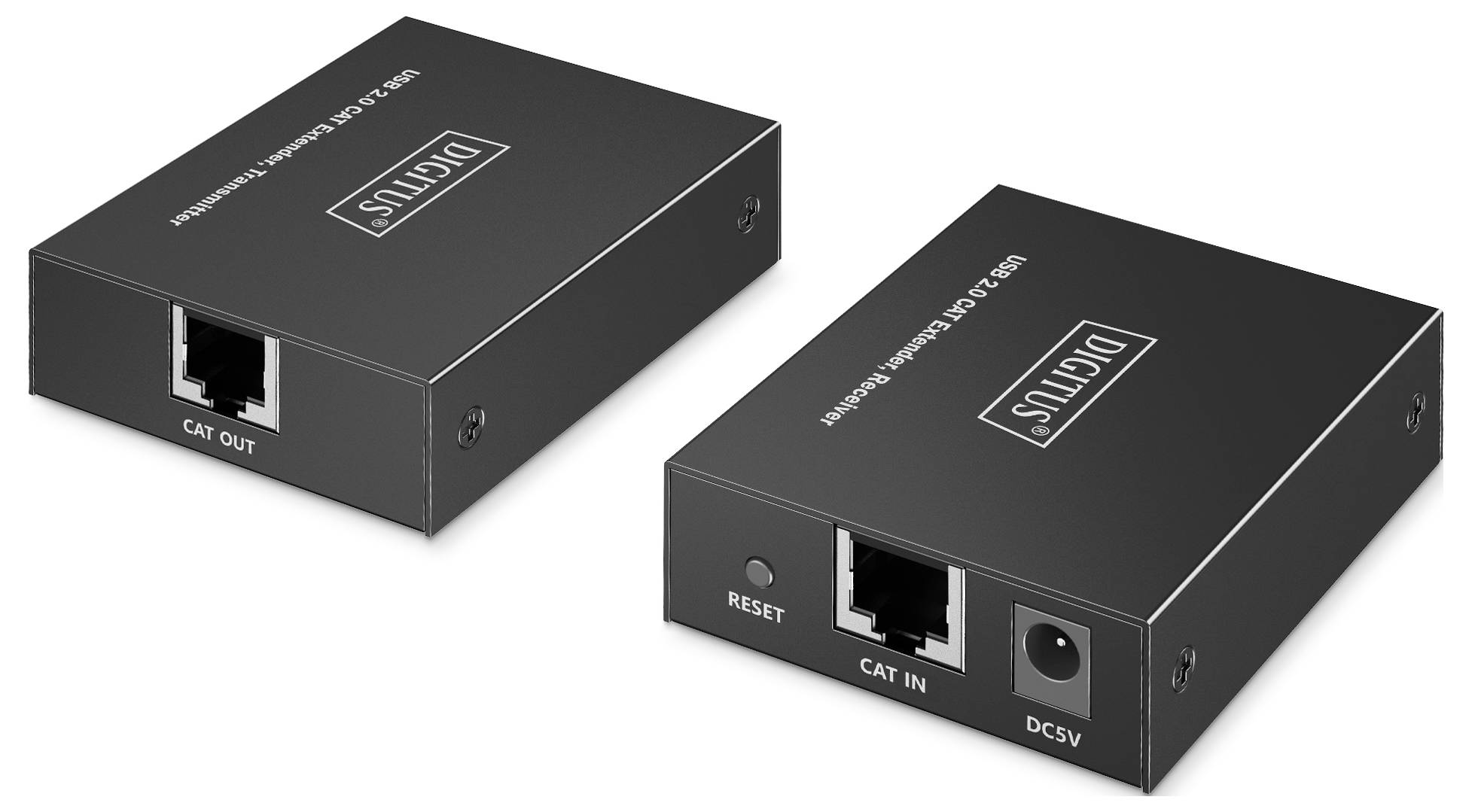 Deux dispositifs rectangulaires noirs étiquetés « DIGITUS », chacun avec des ports marqués « CAT IN », « CAT OUT », « RESET » et « DC5V ».