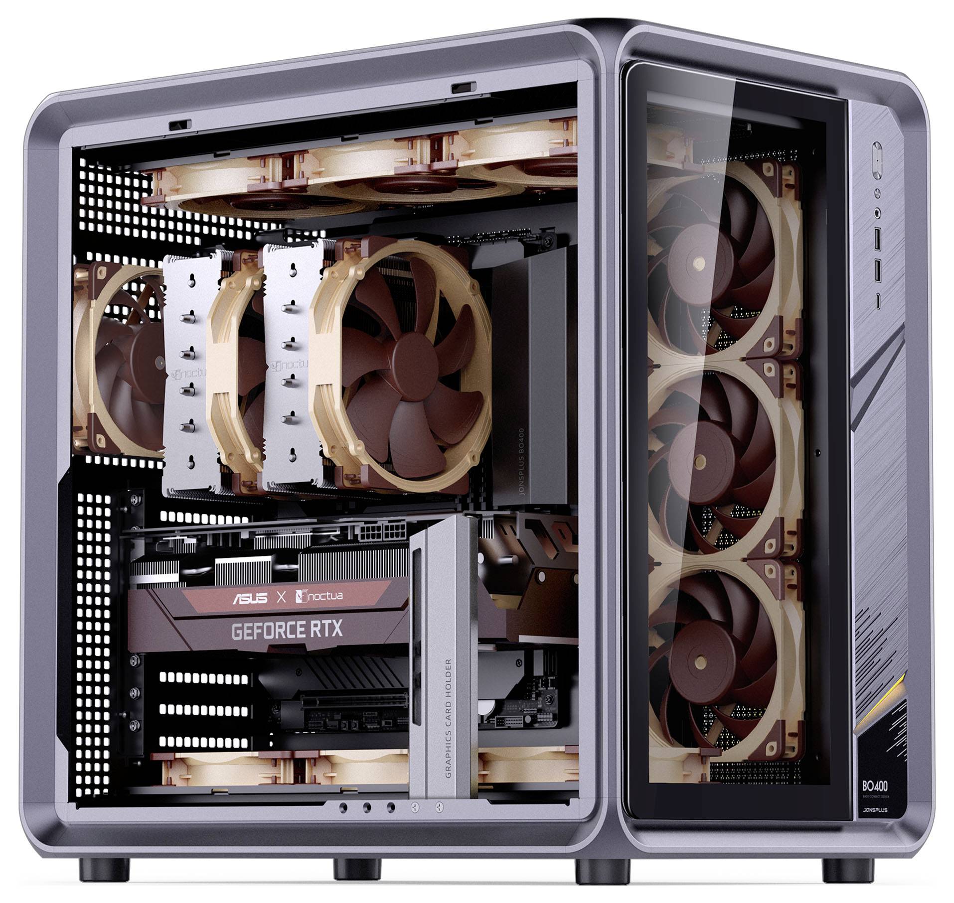 Une vue latérale transparente d'un boîtier d'ordinateur de bureau montrant les composants internes, comprenant des ventilations de refroidissement, des dissipeurs thermiques et une carte graphique.