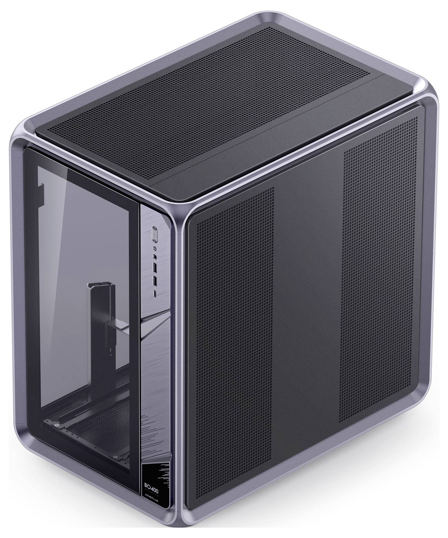 Un boîtier d'ordinateur élégant, noir, avec des panneaux latéraux transparents et un dessus ventilé, conçu pour des installations de jeu compactes ou des constructions hautes performances.