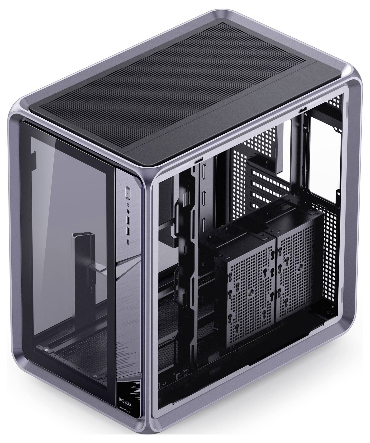 Un boîtier d'ordinateur élégant et moderne avec des panneaux latéraux transparents et un dessus en maille noire, conçu pour mettre en valeur les composants internes.