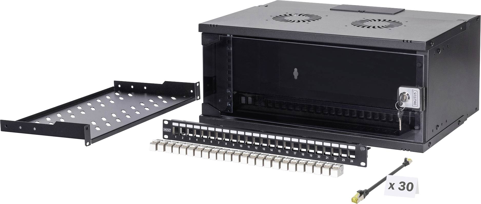 Un rack réseau noir à fixation murale avec une porte verrouillable, des étagères métalliques, un panneau de gestion des câbles et 30 attaches de câbles.