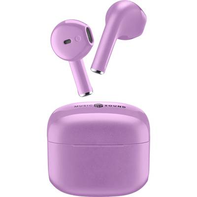 Écouteurs sans fil roses et un boîtier de charge assorti portant l'étiquette « Music Sound ».