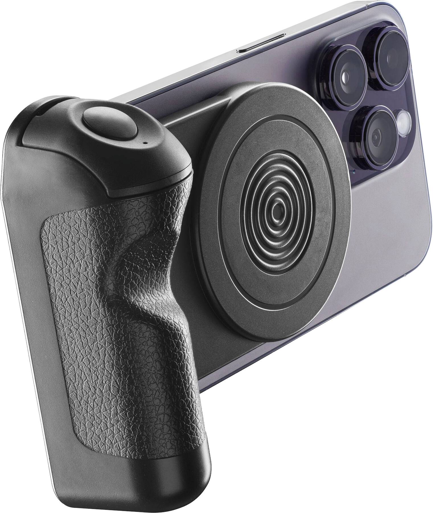 Un smartphone doté d'une poignée de support noir attachée et d'un support magnétique circulaire pour une stabilité et un confort améliorés lors de l'utilisation.