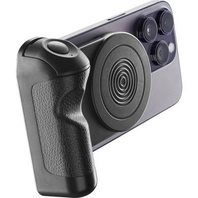Un smartphone doté d'une poignée de support noir attachée et d'un support magnétique circulaire pour une stabilité et un confort améliorés lors de l'utilisation.