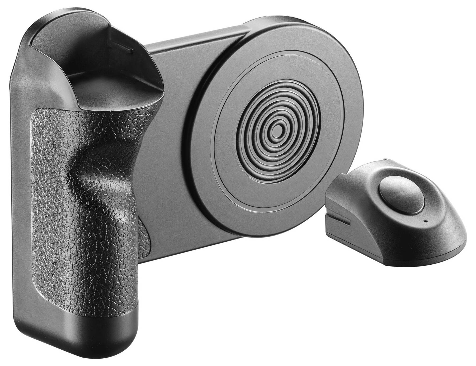 Un kit de sonnette sans fil avec un récepteur circulaire et un bouton noir texturé, conçu pour signaler les arrivées à l'entrée d'une maison.