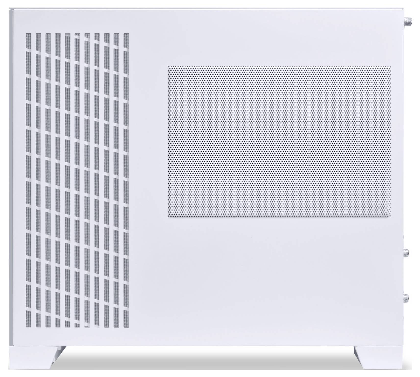 Vue de profil d'un boîtier d'ordinateur blanc doté de grilles de ventilation pour la circulation de l'air.