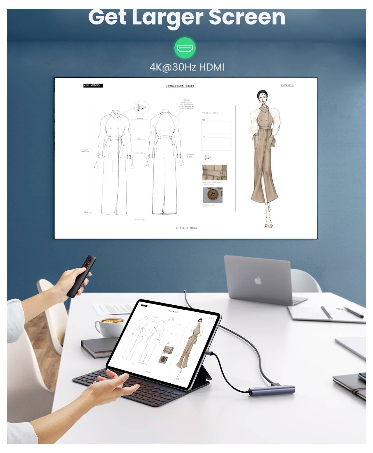 Une personne connecte une tablette à un grand écran affichant des croquis de mode avec le texte « Afficher en grand écran », illustrant la capacité HDMI 4K.