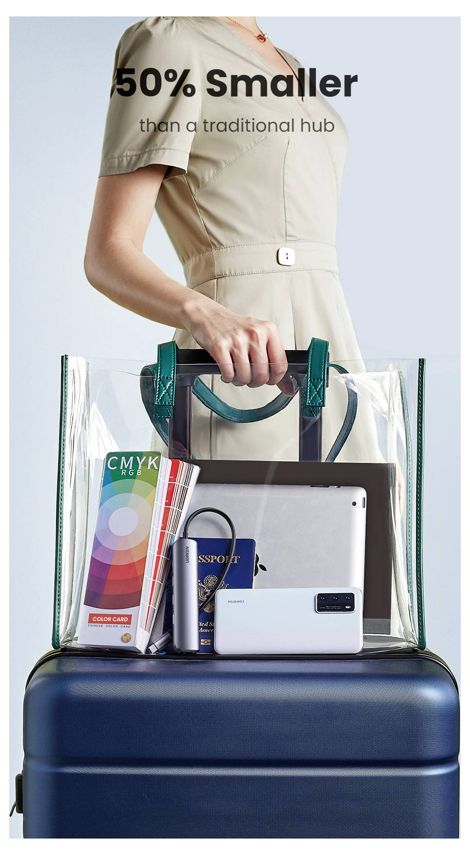 Une personne tient un sac fourre-tout transparent contenant des articles technologiques et un guide de couleurs, au-dessus d'une valise. Le texte indique « 50 % plus petit qu'un concentrateur traditionnel ».