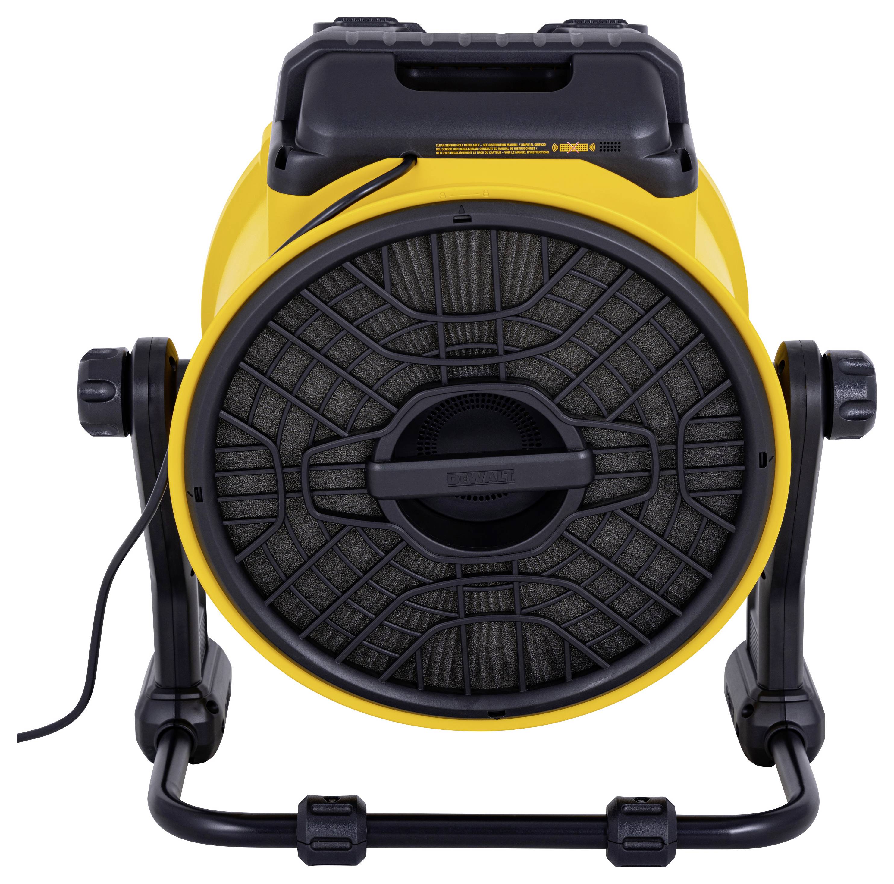 Un ventilateur industriel jaune avec une grille circulaire, des supports externes noirs, et un câble s'étendant sur le côté, orienté vers l'avant.