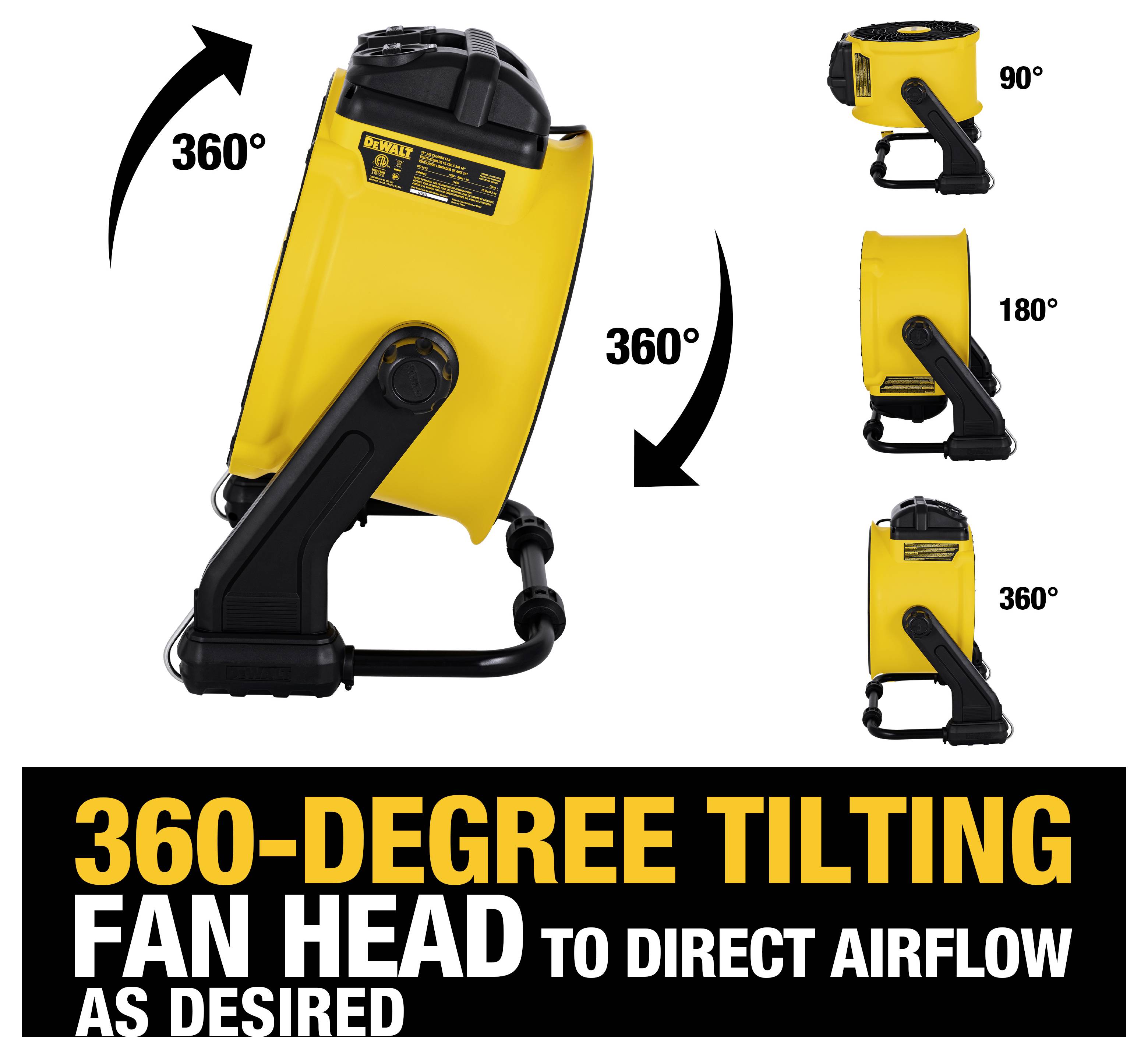 Ventilateur jaune avec tête ajustable montrant quatre positions : 90°, 180°, 360°. Texte : « Tête de ventilateur basculante à 360 degrés pour diriger le flux d'air comme souhaité. »