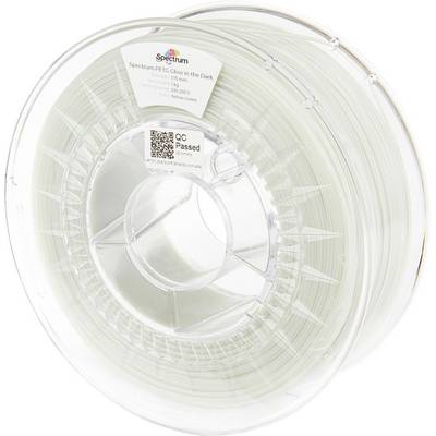Une bobine de filament translucide pour impression 3D étiquetée « Spectrum PET-G Glow in the Dark » avec des informations de contrôle qualité et de sécurité.
