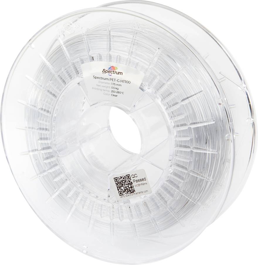 Un bobine transparente de filament d'imprimante 3D étiquetée 'Spectrum PET-G HT100', affichant les spécifications incluant le diamètre : 1,75 mm et le poids : 1 kg.