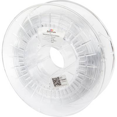 Un bobine transparente de filament d'imprimante 3D étiquetée 'Spectrum PET-G HT100', affichant les spécifications incluant le diamètre : 1,75 mm et le poids : 1 kg.