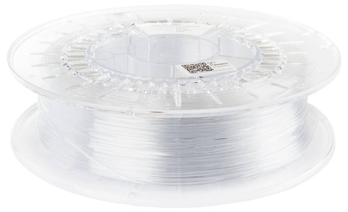 Un dévidoir en plastique transparent contenant un filament d'imprimante 3D, enroulé soigneusement, prêt à être utilisé pour des applications d'impression 3D.