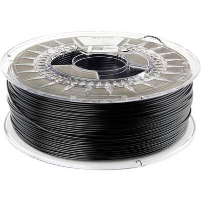 Une bobine de filament d'impression 3D noir avec un boîtier en plastique transparent, montrant le filament soigneusement enroulé et prêt à être utilisé pour l'impression.