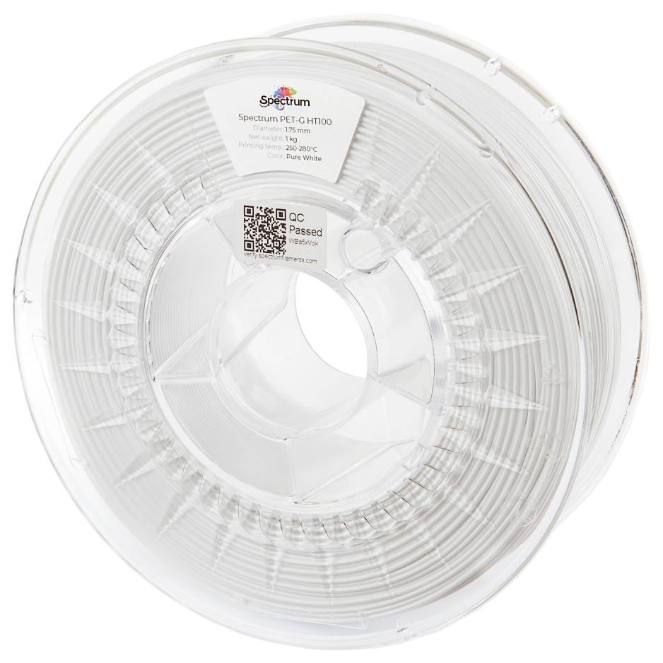 Bobine transparente en plastique contenant du filament pour impression 3D Spectrum PET-GT1000, diamètre de 1,75 mm, étiquetée « Blanc Pur », plage de température 220-265°C.