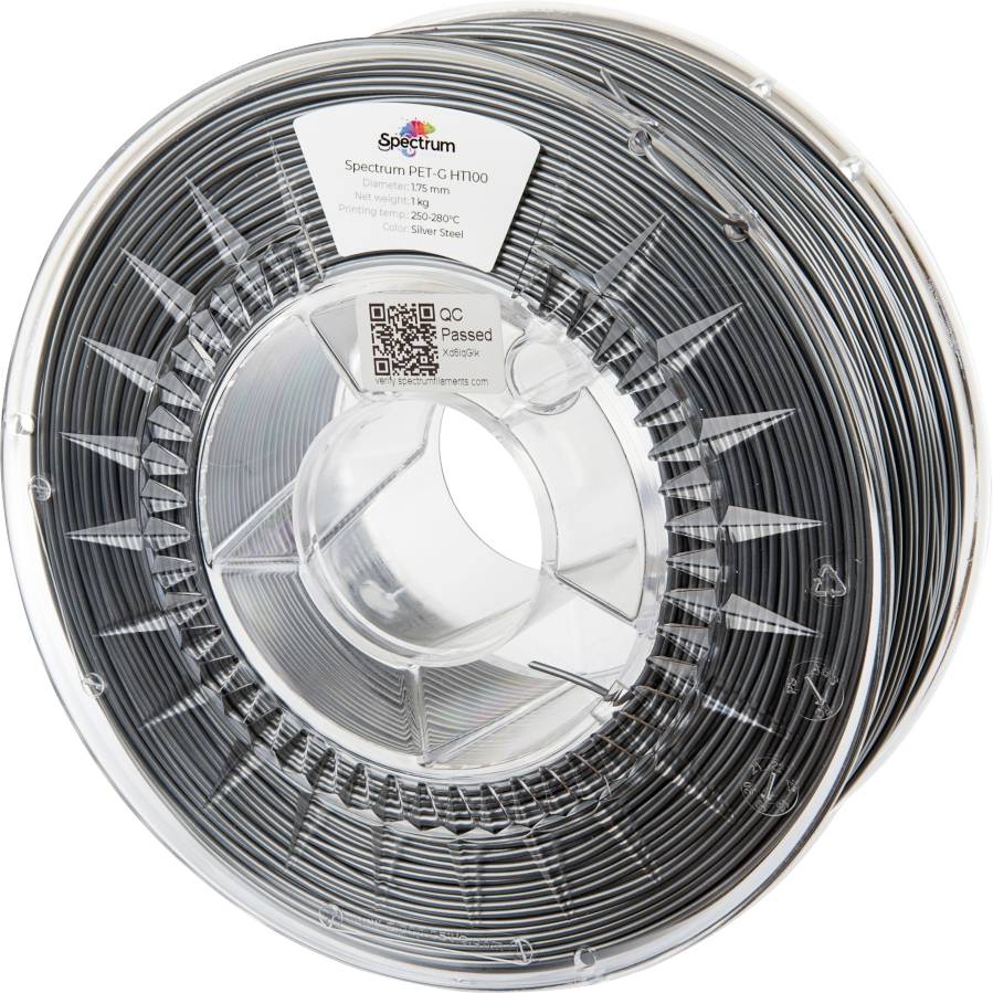 Un bobineau de filament noir Spectrum PET-G HT100 pour imprimante 3D avec une étiquette « Contrôle Qualité Validé » est présenté. Il est idéal pour des impressions robustes et durables.