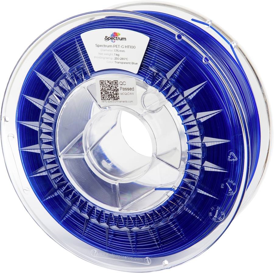 Un rouleau de filament transparent bleu pour imprimante 3D, étiqueté 'Spectrum PET-G HT100', de 250g, adapté pour des températures d'impression entre 190-230°C.