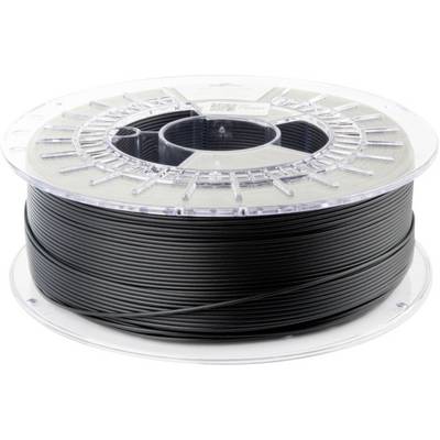 Un bobine de filament noir pour imprimante 3D est enroulée serré sur un support en plastique transparent, adapté à l'utilisation dans des projets d'impression 3D.
