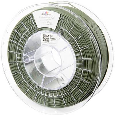 Un bobineau de filament vert olive pour impression 3D, étiqueté 'Spectrum PET-G Matte' avec du texte indiquant les détails du produit et une étiquette 'Contrôle Qualité Validé'.