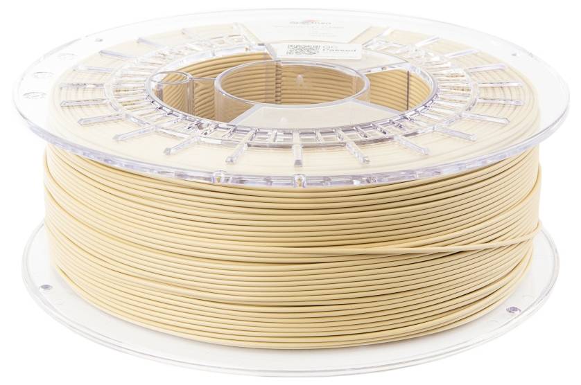 Un rouleau de filament d'impression 3D beige, soigneusement enroulé, avec un boîtier extérieur transparent en plastique.