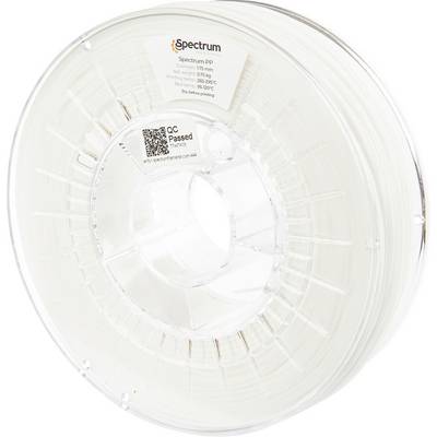 Un bobineau transparent de filament d'impression 3D étiqueté 'Spectrum PP', 1,75 mm, 1 kg, avec un code QR et un autocollant d'assurance qualité.