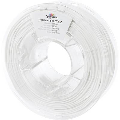 Un bobineau transparent de filament d'impression 3D blanc étiqueté 'Spectrum S-FLEX 85A'. Diamètre : 1,75 mm, poids net : 0,5 kg, température d'impression : 220-250°C.