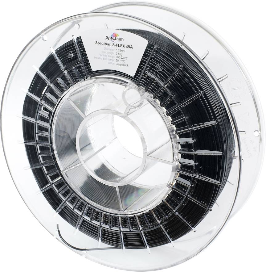 Une bobine de filament noir Spectrum étiquetée 'S-FLEX 85A', utilisée pour l'impression 3D, encastrée dans un support en plastique transparent.