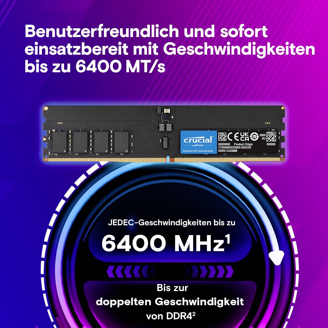 'Vitesse JEDEC jusqu'à 6400 MHz' est inscrit sur un diagramme circulaire, au-dessus d'un module RAM. Texte : 'Convivial et immédiatement prêt à l'emploi avec des vitesses allant jusqu'à 6400 MT/s'.