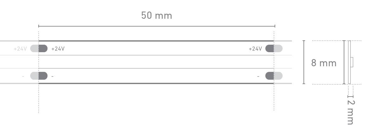 Schéma d'un objet rectangulaire fin, dimensions marquées comme 50 mm de longueur, 8 mm de hauteur et 12 mm de largeur. Lignes verticales étiquetées « +24V ».