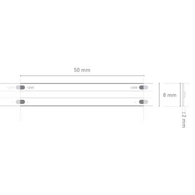 Vue latérale d'un objet rectangulaire avec des dimensions de 50 mm par 8 mm et une épaisseur de 12 mm. Des marquages pour +24V et - sont indiqués sur chaque côté.