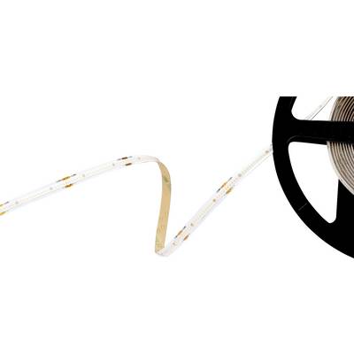 Un rouleau de ruban lumineux LED partiellement déroulé, montrant de petites ampoules LED le long de sa longueur, sur un fond blanc.