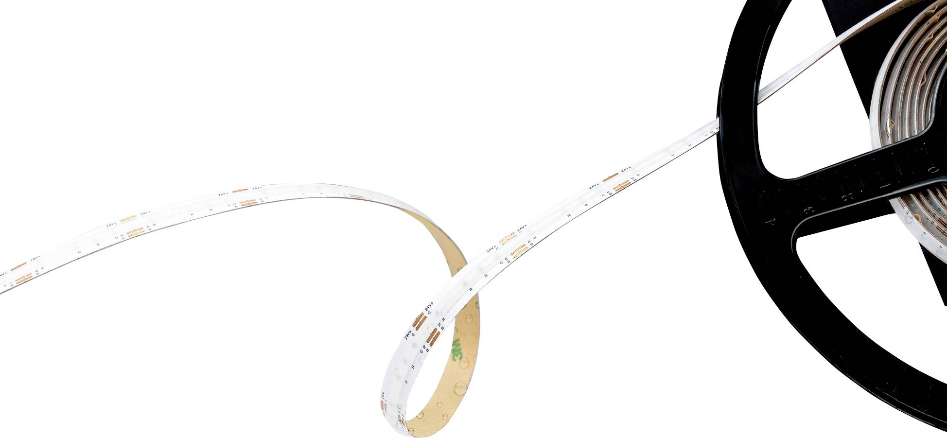 Un rouleau de bandes lumineuses LED avec une base blanche et un bobinot noir, partiellement déroulé, montrant de petites ampoules espacées uniformément le long de la bande.