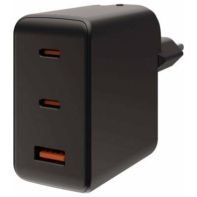 Un chargeur mural USB multiports noir avec deux ports USB-C et un port USB-A, conçu pour le chargement efficace des appareils électroniques.
