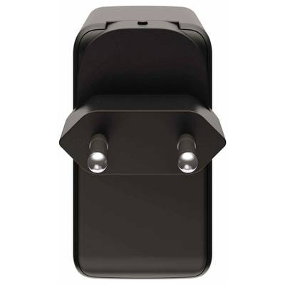 Un adaptateur enfichable noir à deux broches vu de dessus, montrant les deux broches.