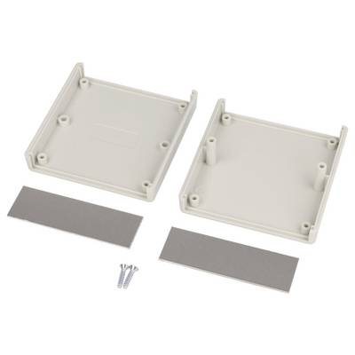 Boîtier de protection en plastique démonté en deux parties, avec deux plaques métalliques rectangulaires et une paire de vis en dessous. Convient aux petits équipements électroniques.