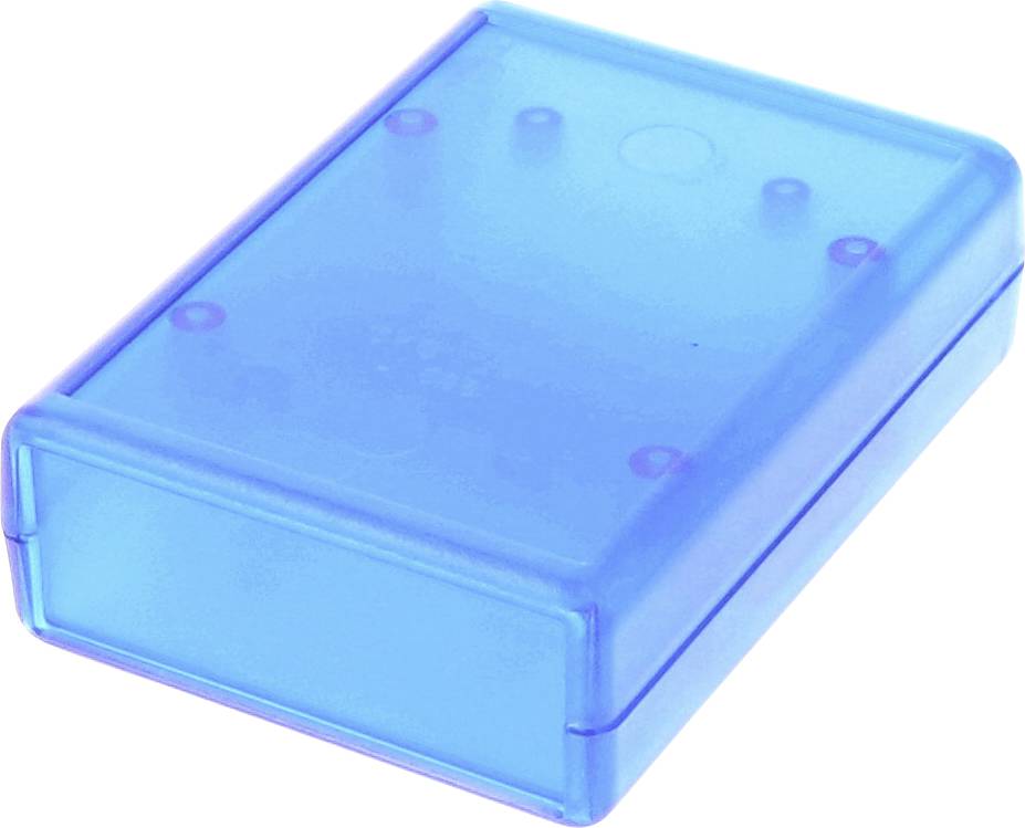 Un petit boîtier rectangulaire bleu en plastique avec un couvercle translucide, adapté au rangement de petits composants électroniques ou accessoires.