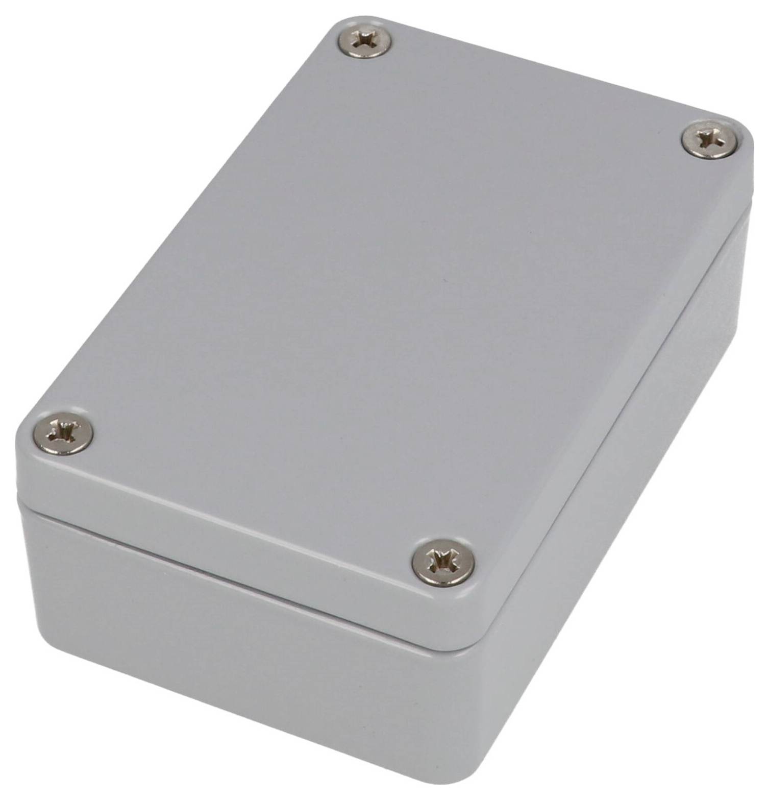 Un petit boîtier rectangulaire en métal gris aux coins arrondis, muni de quatre vis, généralement utilisé pour loger des composants électroniques.