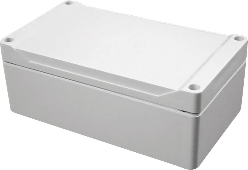 Un boîtier étanche rectangulaire de couleur grise avec un couvercle plat et quatre trous de vis aux angles, utilisé pour protéger des composants électriques.