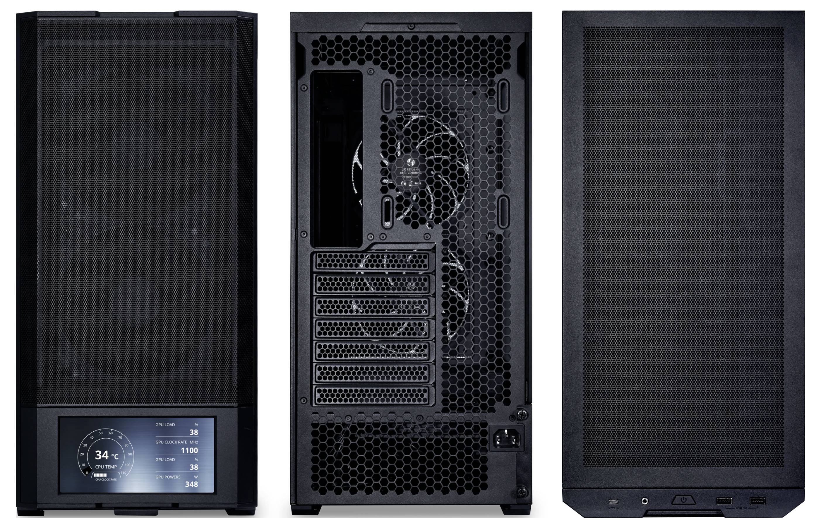 Trois vues d'un boîtier d'ordinateur noir : façade avec écran d'affichage, arrière avec plusieurs emplacements et ventilateur, et côté avec design en maille.
