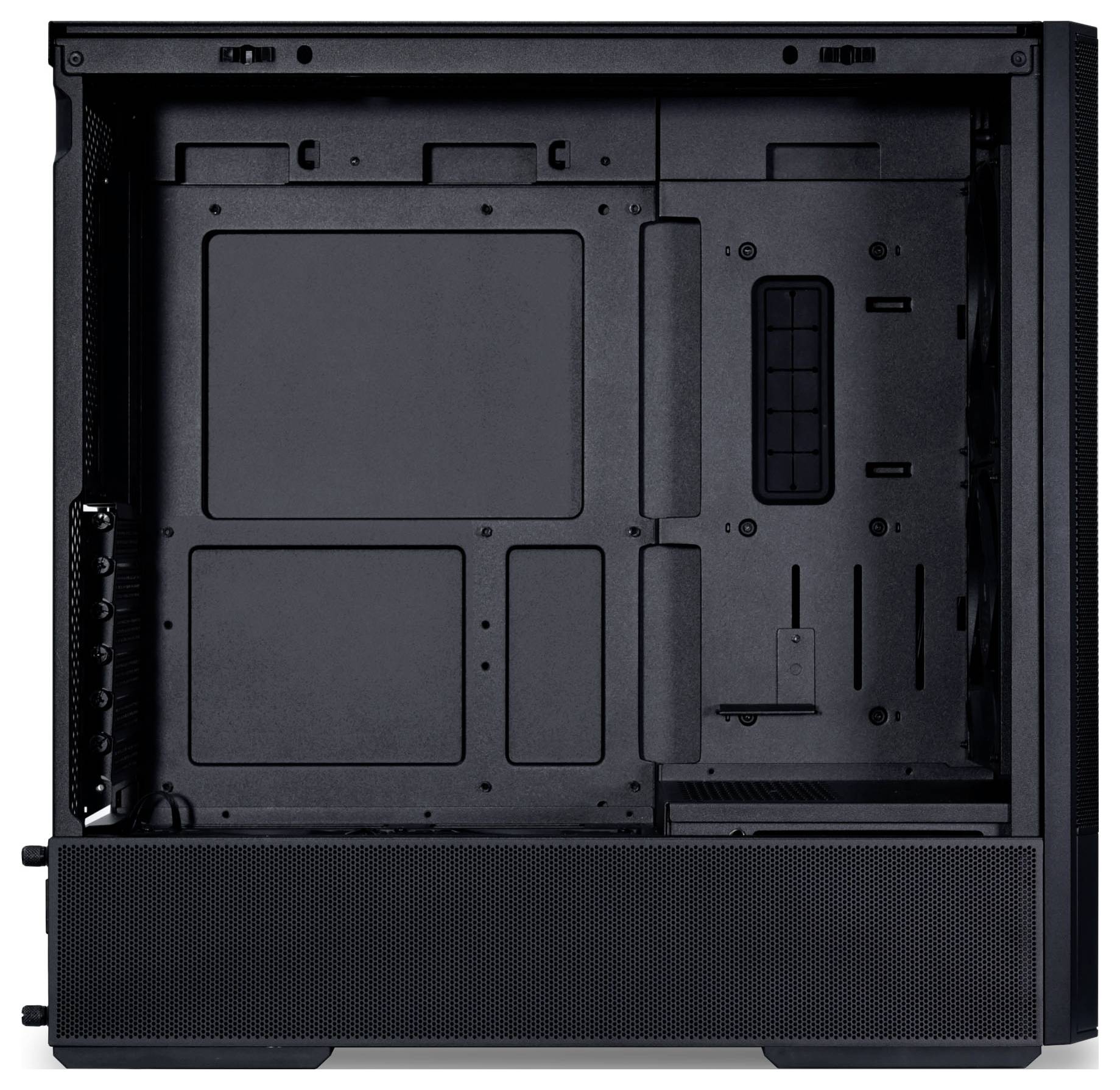 Boîtier d'ordinateur noir vide avec plusieurs emplacements et compartiments, conçu pour accueillir divers composants tels que des cartes mères et des alimentations.