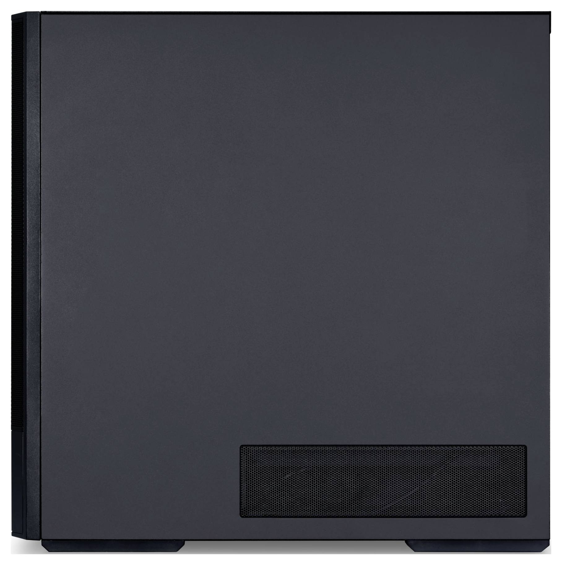 Une tour d'ordinateur élégante, noire, au design minimaliste, avec une grille de ventilation visible en bas à l'avant pour l'aération.