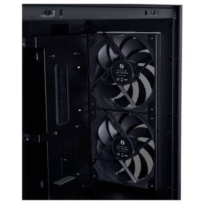 Vue intérieure d'un boîtier d'ordinateur montrant deux ventilateur de refroidissement noirs montés verticalement. Ces ventilateur sont conçus pour améliorer la circulation d'air à l'intérieur du boîtier.