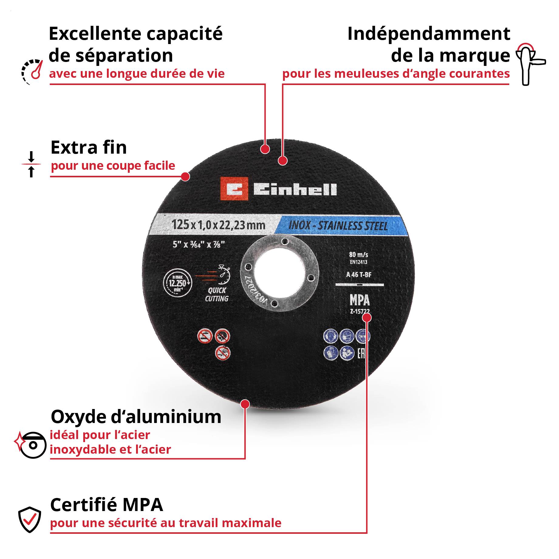 Disque de meulage 'Einhell', 125x1,0x22,23 mm, idéal pour l'acier inoxydable et l'acier, certifié MPA, indépendant de la marque, extra fin.