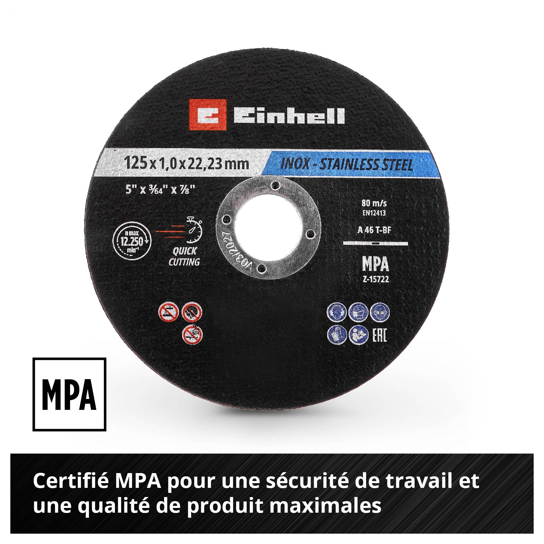 Meuleuse d'angle sans fil rouge et noire, marque Einhell, avec un disque de coupe. Texte : Indépendant de la marque pour les meuleuses d'angle courantes avec une vitesse périphérique de 80 m/s.
