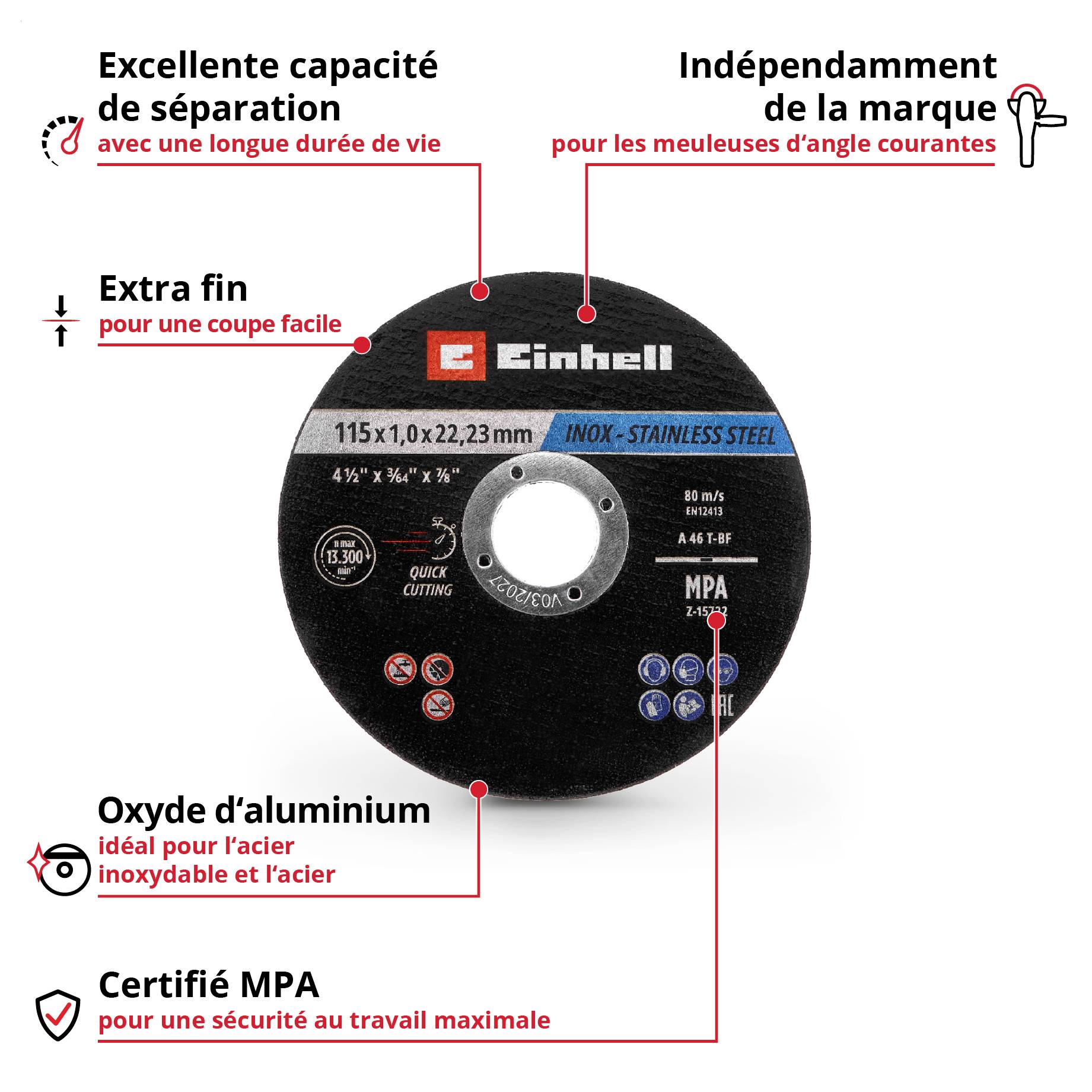 Un disque de séparation noir pour meuleuses d'angle commerciales, présentant des caractéristiques telles que ultra-mince, oxyde d'aluminium et certification MPA.