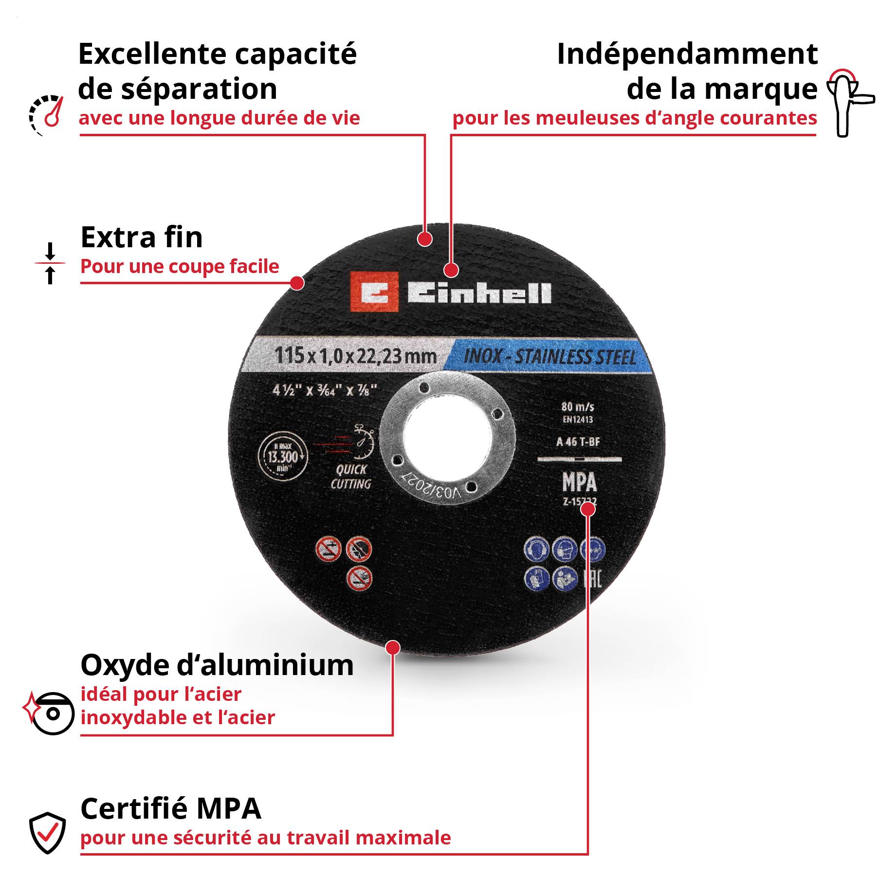 Disque de meulage métallique noir pour meuleuses d'angle commerciales standard, extra fin pour une coupe légère, en oxyde d'aluminium, certifié MPA.