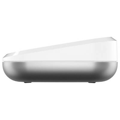 Un socle de chargement élégant et moderne, doté d'un sommet blanc incliné et d'une base arrondie grise, conçu pour les appareils électroniques.