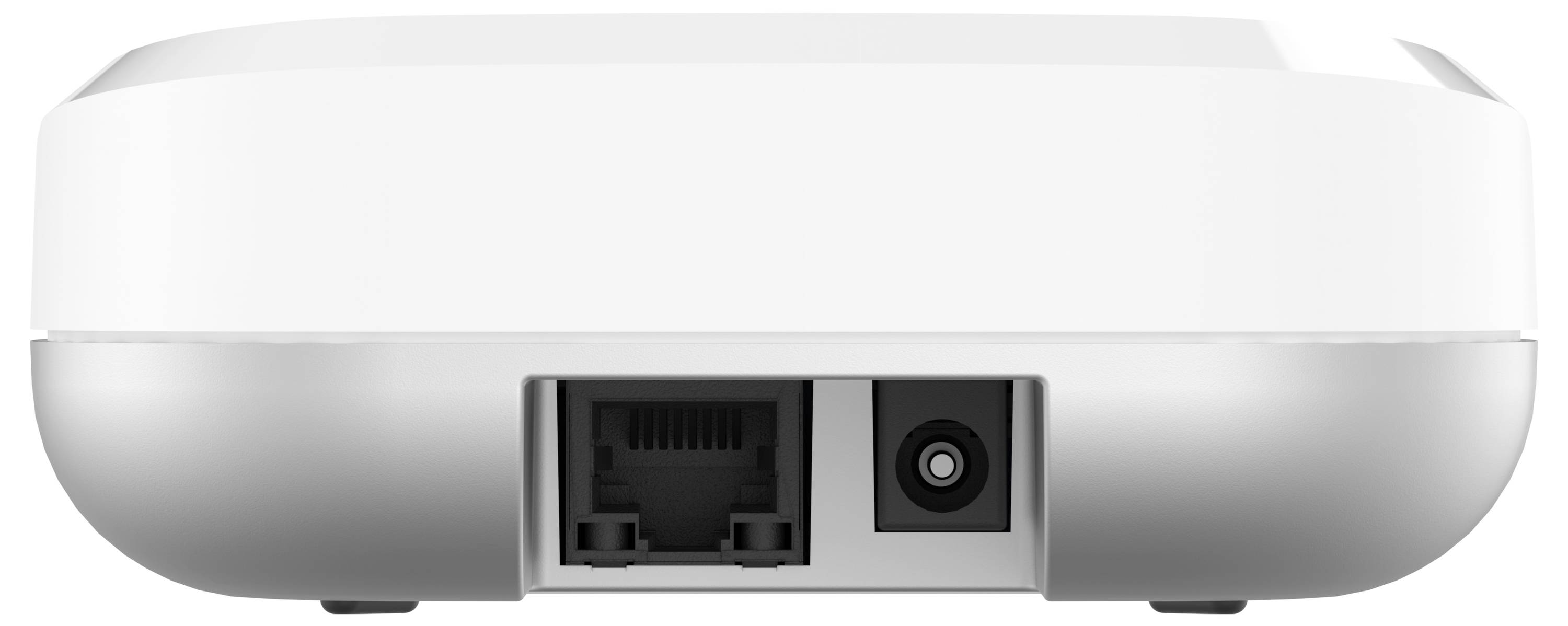 L'image montre une vue rapprochée d'un dispositif électronique blanc sur lequel on peut voir un port Ethernet et une entrée d'alimentation sur sa face arrière.