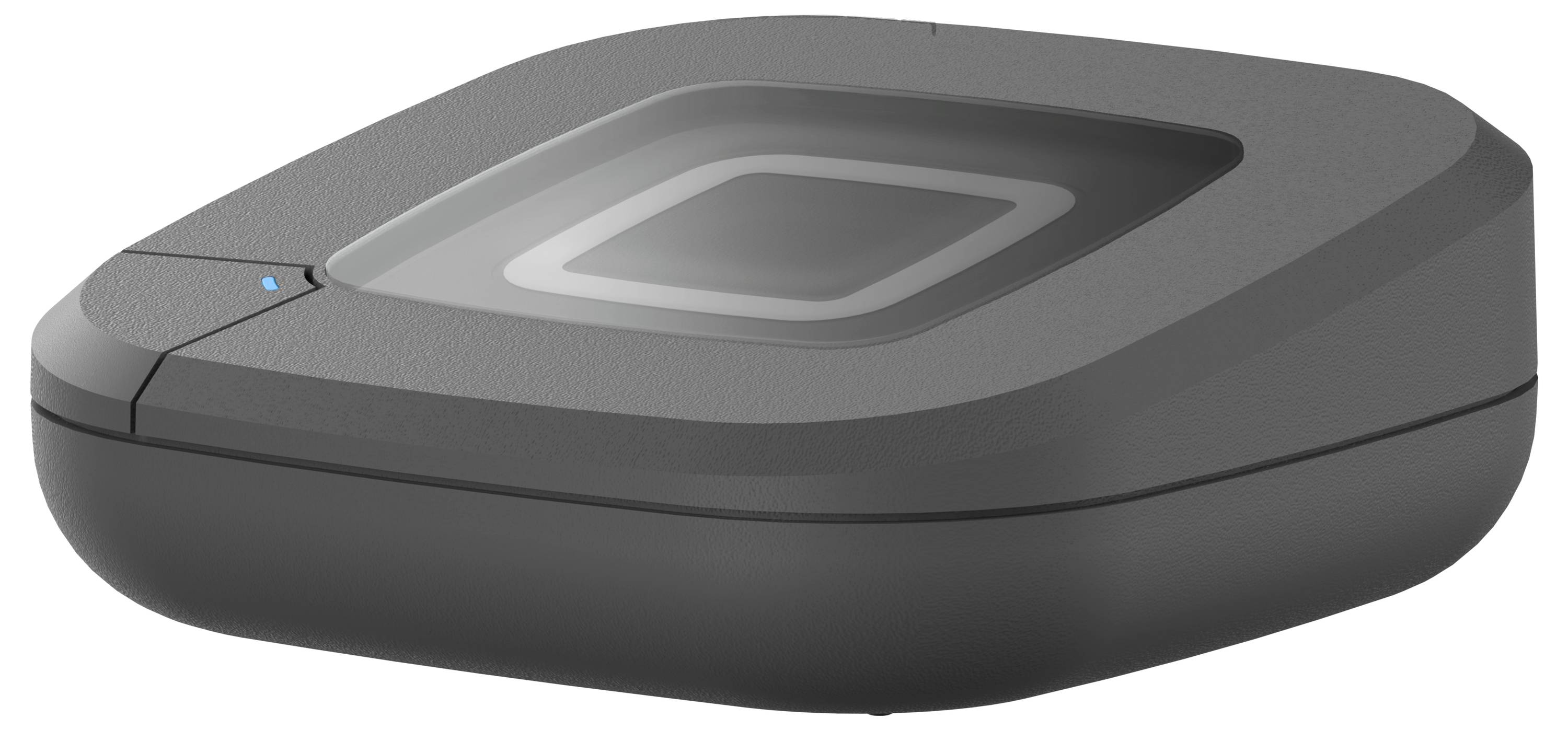 Un appareil électronique élégant, gris foncé, avec une surface supérieure noire, présentant un voyant lumineux bleu sur le côté.